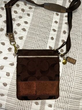 Coach Dark Brown Signature Crossbody Messenger Bag with Metallic Accent